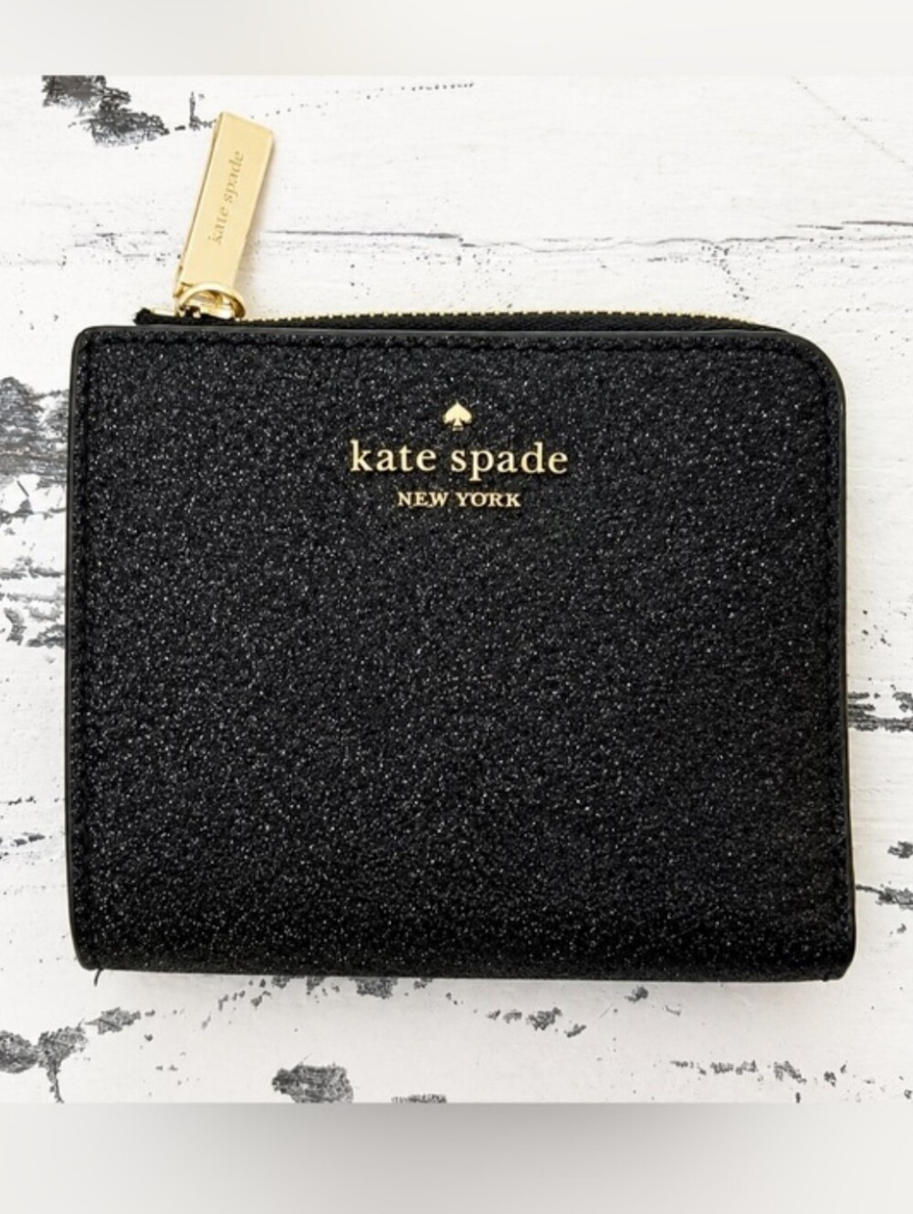 Kate Spade Black Glitter Compact Zip Wallet with Gold Hardware